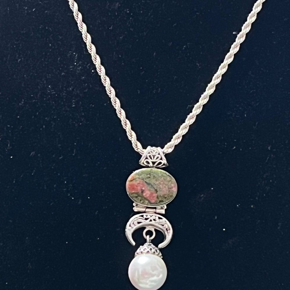 Artisan Sterling Silver and a Jasper Pendant with a Large Mother of Pearl Drop☑️